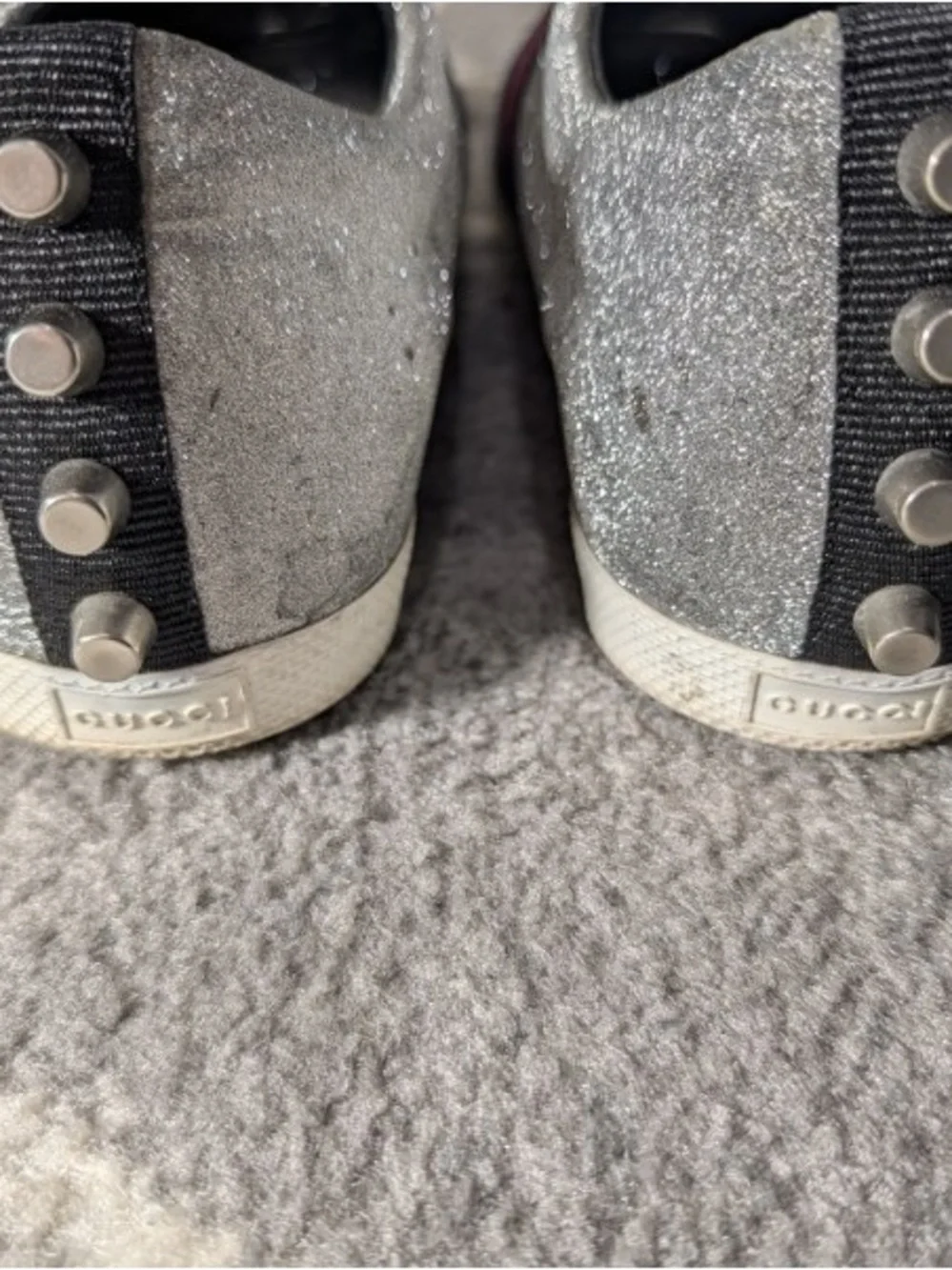 Gucci Silver Glitter Men's Sneakers with Red & Blue Web Stripe